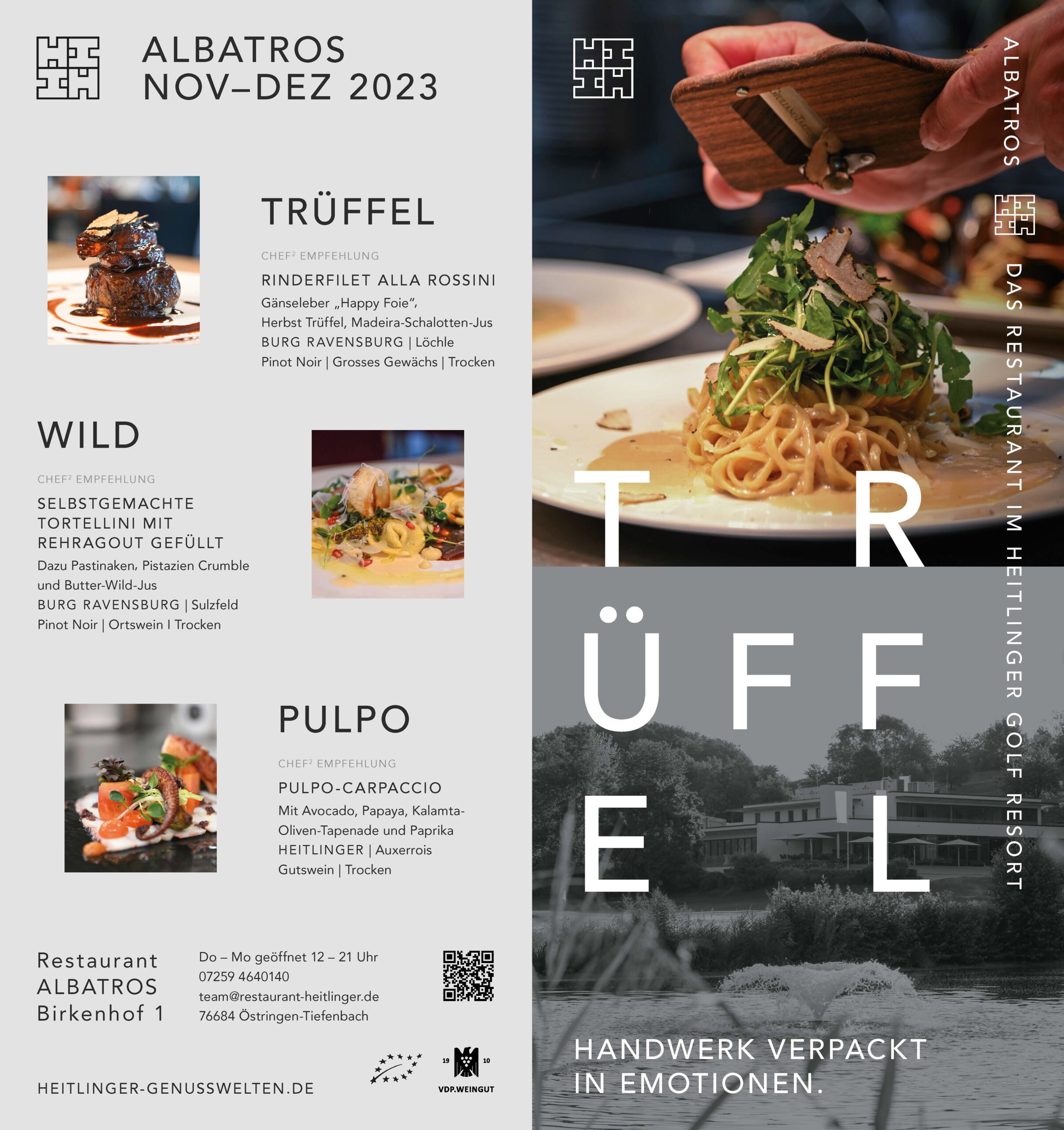Plakat Albatros Nov–Dez 2023 mit Trüffel-, Wild- und Pulpo-Gerichten