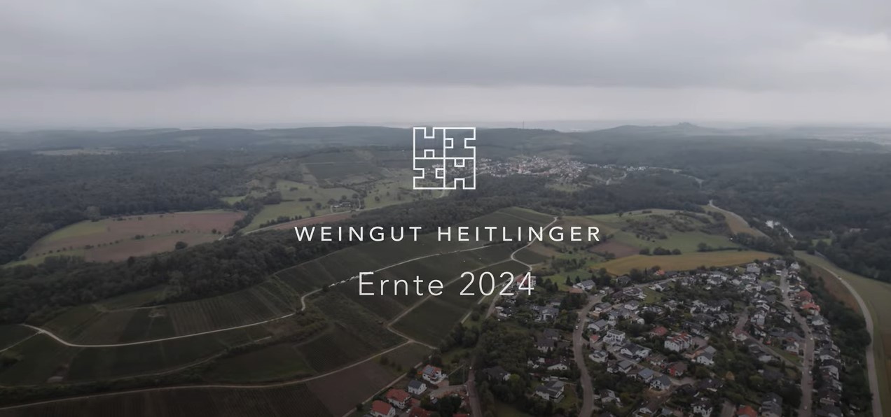 Titelbild „Weingut Heitlinger – Ernte 2024“ über Luftbild von Weinbergen und Ort