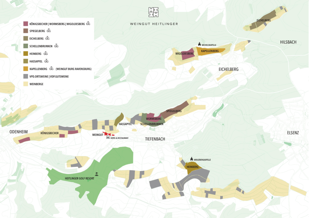 Lagenkarte des Weinguts Heitlinger rund um Tiefenbach, Eichelberg und Odenheim