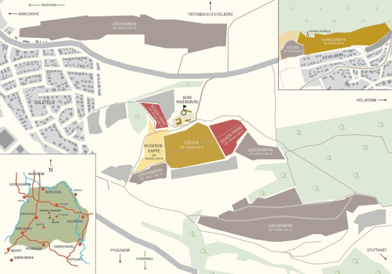 Lagenkarte von Burg Ravensburg rund um Sulzfeld mit Husarenkappe, Löchle und Dicker Franz
