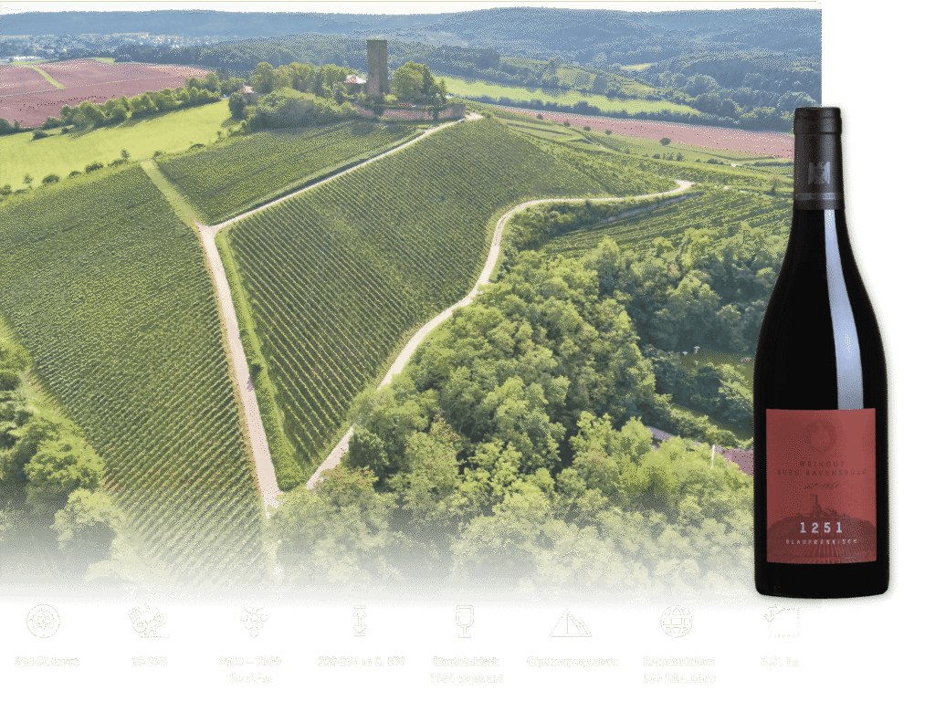 Rotweinflasche „1251“ vor Luftbild der Weinberge unterhalb der Burg Ravensburg