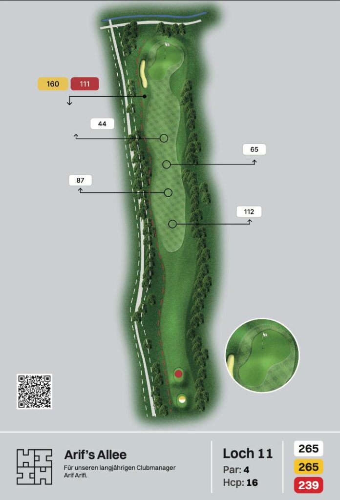 Bahnplan Loch 11 „Arif's Allee“, Par 4, Hcp 16, mit Distanzmarken bis zum Grün