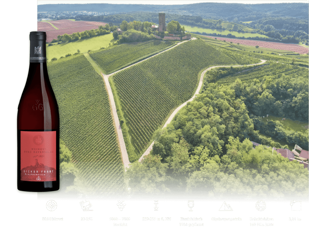 Rotweinflasche Dicker Franz vor Luftbild der Weinberge an der Burg Ravensburg