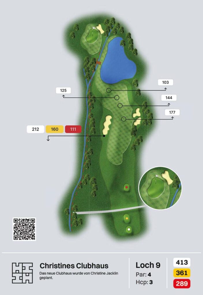 Bahnplan Loch 9 „Christines Clubhaus“, Par 4, Hcp 3, mit Teich, Bach und Bunkern