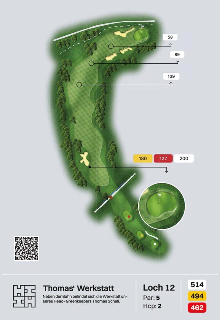 Bahnplan Loch 12 „Thomas‘ Werkstatt“: Par 5, Hcp 2, 514/494/462 m, Dogleg links mit Bunkern am Grün