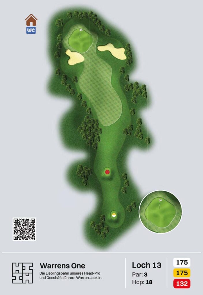 Bahnplan Loch 13 „Warrens One“: Par 3, Hcp 18, 175/175/132 m, Grün von zwei Bunkern eingerahmt