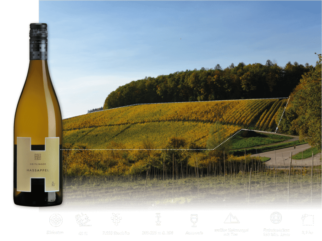 Weißweinflasche Hassapfel vor herbstlichem Weinberg mit markierter Lage