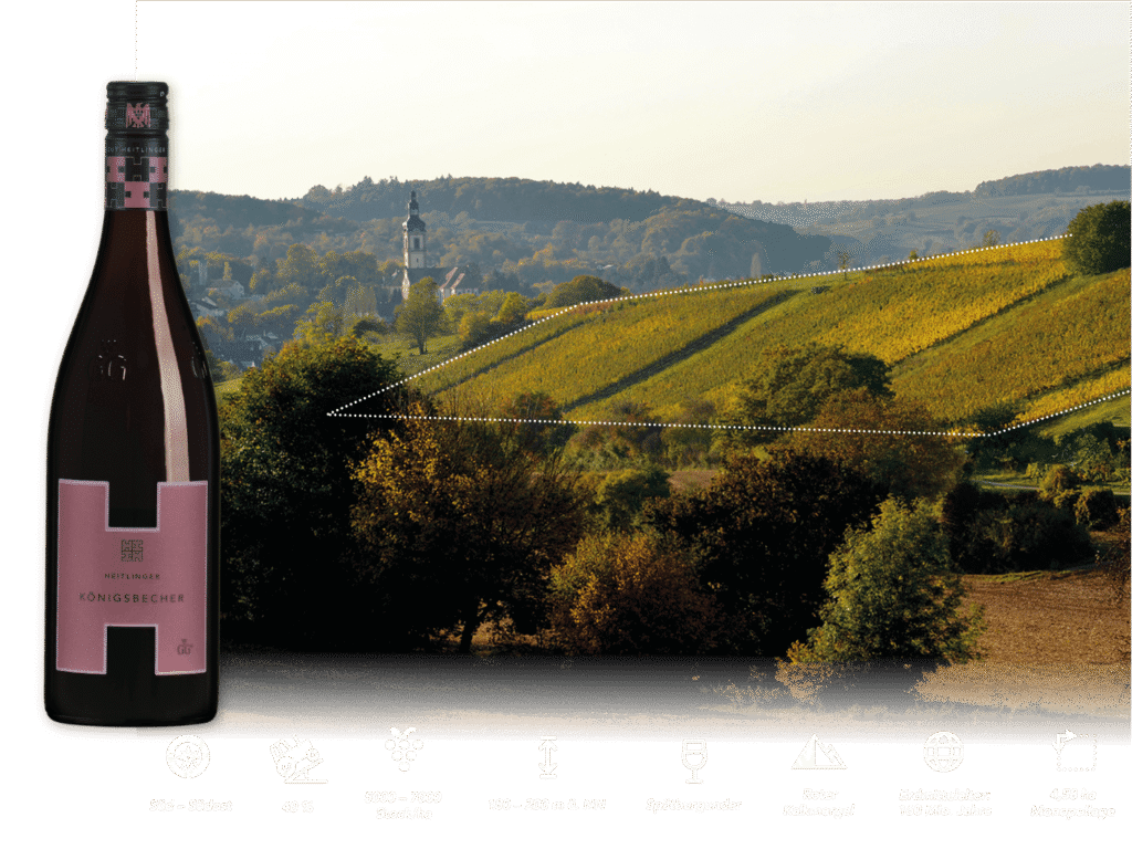 Rotweinflasche Königsbecher vor dem herbstlichen Weinberg mit markierter Lage