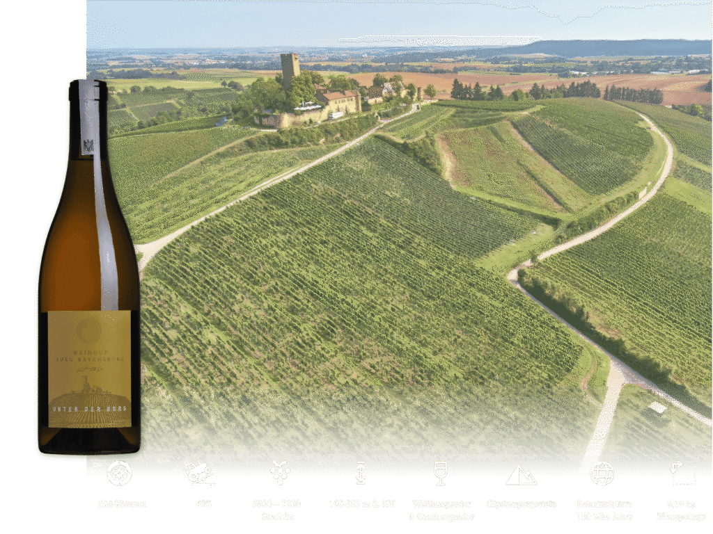 Weißweinflasche „Unter der Burg“ vor Luftbild der Weinberge rund um die Burg Ravensburg